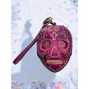 New Pink Genuine Leather Handmade Sugar Skull Coin Purse Wristlet Key Case